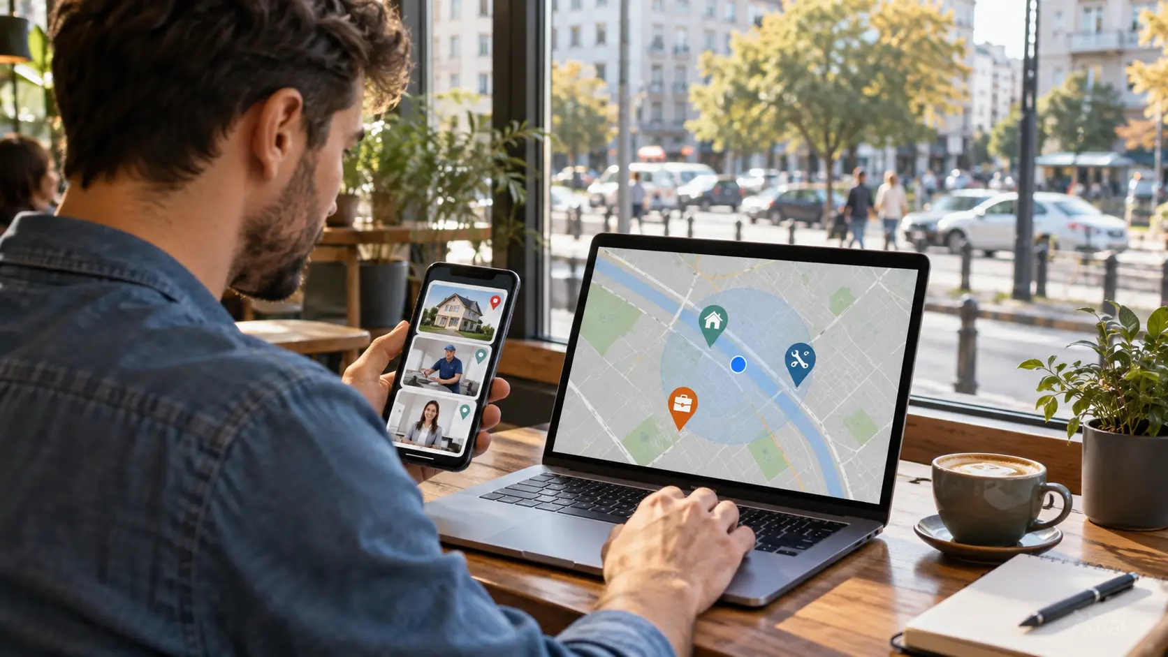 Persoană care folosește o platformă online pentru a găsi oportunități locale diferite