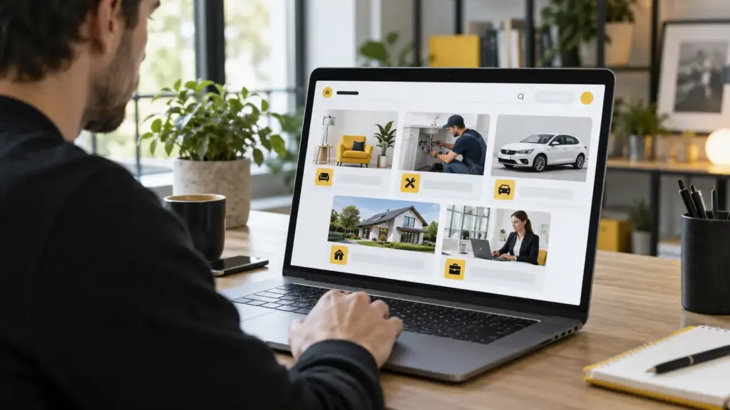 Utilizator care explorează mai multe categorii pe o platformă de anunțuri online