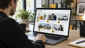 Utilizator care explorează mai multe categorii pe o platformă de anunțuri online